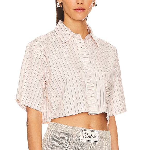 Steve Madden Pink Striped Crop Top XS Button Down Shirt Oversized Boxy $64 NEW - Picture 2 of 7